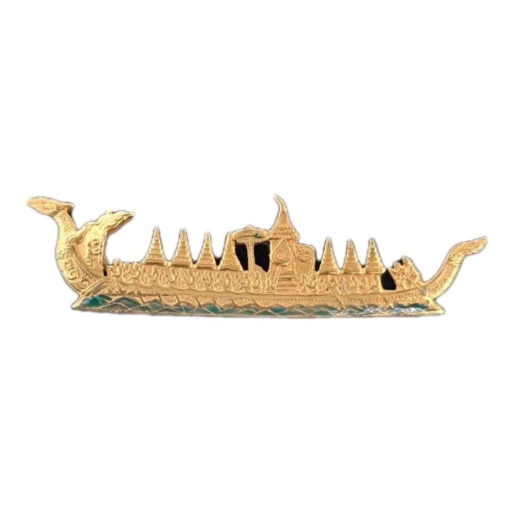 Vintage Siam Dragon Subannahongsa Boat Gold Tone(?) Brass Brooch Pin Enamel